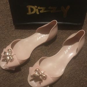Sz 7 Beige D’Orsay Peep Toe Jelly Flats